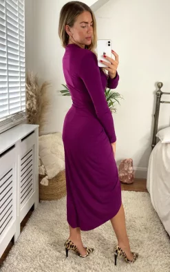 Outlet ???? Jenerique Midi Wrap Style Long Sleeves ???? Dress In Fuchsia Colour ✨