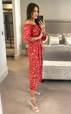 New ???? D.Anna Red Bardot Floral Print Midi Wrap ???? Dress With Front Slit ✨