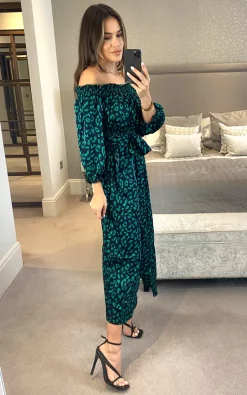 Budget ???? D.Anna Bardot Green Leopard Print Wrap ???? Dress With Front Slit In Navy ????