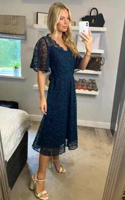 Coupon ???? Jolie Moi Flare Sleeved Lace Midi ???? Dress, Navy ????