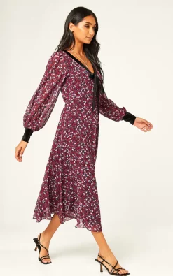 Top 10 ⭐ Goddiva Printed Necktie Midi ???? Dress Wine ????