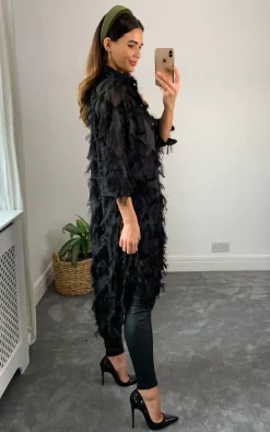 Promo ???? CY Boutique Black Oversized ???? Shirt ???? Dress With Feather Tassel Look Embroidery ????