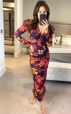 New ✔️ Jenerique Long Sleeve Midi ???? Dress With Side Slit In Fuchsia Floral Print ????