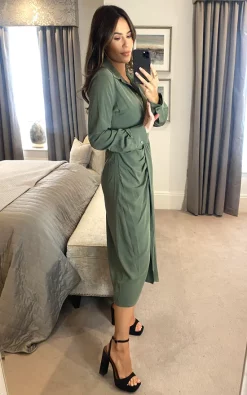 Buy ???? Jenerique Midi ???? Shirt ???? Dress With From Slit In Green/Khaki Colour ????