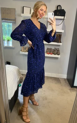 New ???? Yumi Animal Print Frill Midi ???? Dress In Blue ????