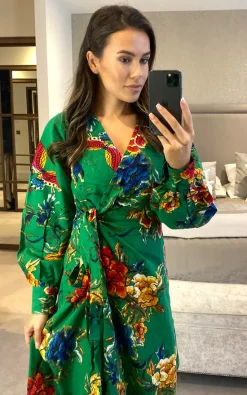 Buy ???? Queeen Green Floral Print Long Sleeve Midaxi Wrap ???? Dress ????
