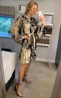 Cheap ???? CY Boutique Black And White Scarf Print Full Pleated ???? Shirt ???? Dress ✔️