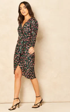 Best Sale ???? Love Glendale Jersey Long Sleeve Midi Wrap ???? Dress In Green And Pink Leopard Print ????