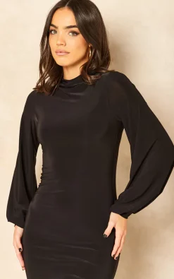 Buy ⌛ Pleat Boutique Ruby Balloon Sleeve Cowl Neck Midi ???? Dress In Black ✔️
