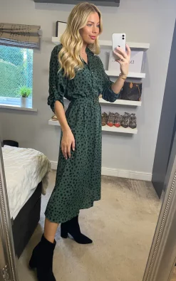 Best Pirce ⭐ Mela London Belted Blotch Print Midi ???? Dress In Green ????
