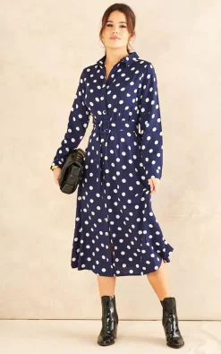Outlet ???? SlayTwins Dana Spot Print Midi ???? Shirt ???? Dress Navy ????