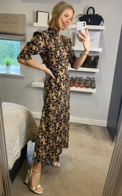 Top 10 ⌛ D.Anna High Neck Floral Print With 3/4 Smock Sleeve Tiered ???? Dress In Beige And Black ????