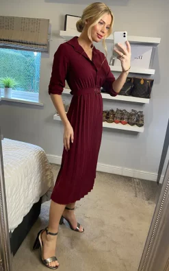 Coupon ???? Mela London Pleated ???? Skirt Midi ???? Shirt ???? Dress In Burgundy ????