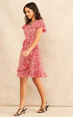 Deals ???? TENKI LONDON Ruffle Sleeve Floral Wrap Midi ???? Dress In Red ⭐