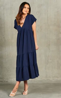 New ???? Blue Vanilla Shannon V Neck Tiered Smock ???? Dress In Navy ⌛ -Zack Sales Store 2022 01 28 SF TOM Shree BlueVanilla34469