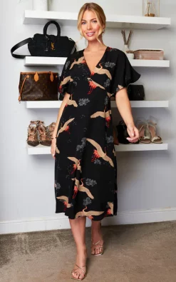 Best Pirce ???? Yumi Crane Print Kimono Sleeve Midi ???? Dress In Black ????