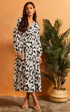 Best Pirce ???? Bella And Blue Long Sleeve V Neck Leaf Print ???? Dress In Black And White ???? -Zack Sales Store 2022 02 22 SF TOM Julia bella blue0276