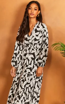 Best Pirce ???? Bella And Blue Long Sleeve V Neck Leaf Print ???? Dress In Black And White ????