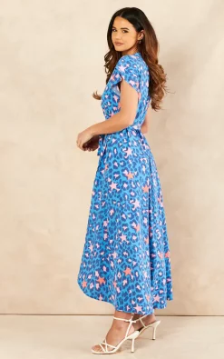 Wholesale ⌛ Sarta Leopard Print & Stars Midi Wrap ???? Dress Short Sleeve Waist Tie In Blue & Pink ⌛ -Zack Sales Store 2022 03 09 Jen Naomi Sarta10079