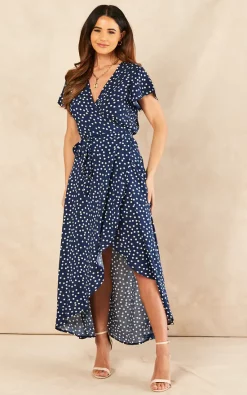 Best reviews of ???? Sarta Polka Dot Midi Wrap ???? Dress Short Sleeve Waist Tie In Navy Blue & White ????