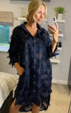 Buy ???? CY Boutique Oversized Navy Blue ???? Shirt ???? Dress With Feather Tassel Look Embroidery ????