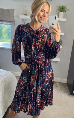 Budget ✨ JOLIE MOI Allyn Bow Neck Long Sleeve ???? Dress, Navy Abstract ????