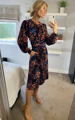 Budget ✨ JOLIE MOI Allyn Bow Neck Long Sleeve ???? Dress, Navy Abstract ???? -Zack Sales Store 2022 03 21 Naomi Shikha7