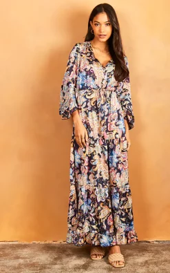 Best Sale ❤️ Bella And Blue Angel Sleeve Paisley Maxi ???? Dress In Blue ????