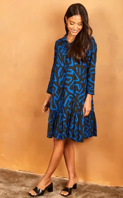 Best deal ⭐ Bella And Blue Geometric Print Midi ???? Shirt ???? Dress In Blue ????
