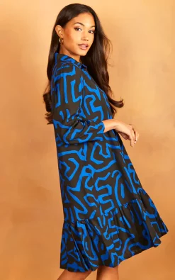 Best deal ⭐ Bella And Blue Geometric Print Midi ???? Shirt ???? Dress In Blue ???? -Zack Sales Store 2022 03 31 Jen Julia Bella Blue22071