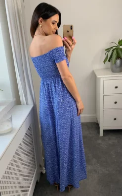 Coupon ???? TENKI LONDON Floral Pattern Off Shoulder Bardot Midi ???? Dress In Blue ???? -Zack Sales Store 2022 04 08 Naomi Tenki117