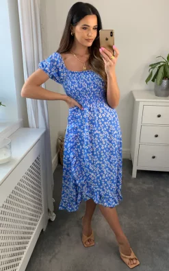 Hot Sale ???? TENKI LONDON Floral Print Off Shoulder Bardot Midi ???? Dress In Blue ✨
