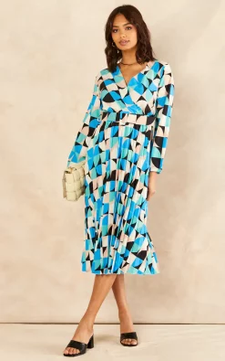 Best Sale ✔️ Bella And Blue Long Sleeve Geometric Print Belted Midi ???? Dress In Blue ????