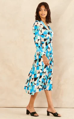 Best Sale ✔️ Bella And Blue Long Sleeve Geometric Print Belted Midi ???? Dress In Blue ???? -Zack Sales Store 2022 04 12 Jen Nayha BellaAndBlue26469