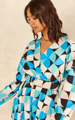 Best Sale ✔️ Bella And Blue Long Sleeve Geometric Print Belted Midi ???? Dress In Blue ???? -Zack Sales Store 2022 04 12 Jen Nayha BellaAndBlue26485