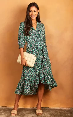 Cheapest ???? Bella And Blue Midi Wrap ???? Dress With Short Cuff Sleeve In Pink And Green Print ✔️