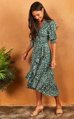 Cheapest ???? Bella And Blue Midi Wrap ???? Dress With Short Cuff Sleeve In Pink And Green Print ✔️ -Zack Sales Store 2022 04 25 Jen Julia BellaAndBlue31952