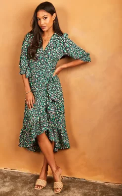 Cheapest ???? Bella And Blue Midi Wrap ???? Dress With Short Cuff Sleeve In Pink And Green Print ✔️ -Zack Sales Store 2022 04 25 Jen Julia BellaAndBlue31960