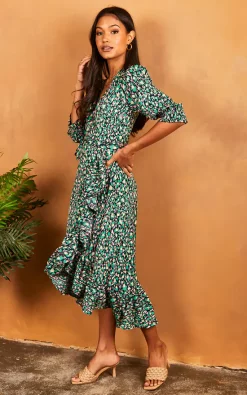 Cheapest ???? Bella And Blue Midi Wrap ???? Dress With Short Cuff Sleeve In Pink And Green Print ✔️ -Zack Sales Store 2022 04 25 Jen Julia BellaAndBlue31962
