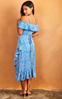 Hot Sale ✔️ Bella And Blue Cold Shoulder Midi Wrap ???? Dress In Blue Ditsy Print ❤️ -Zack Sales Store 2022 04 25 Jen Julia BellaAndBlue32085