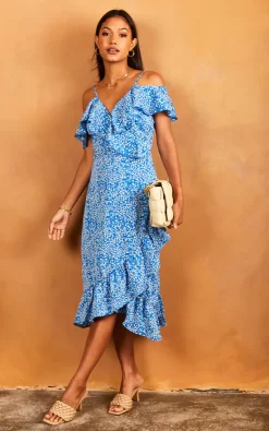 Hot Sale ✔️ Bella And Blue Cold Shoulder Midi Wrap ???? Dress In Blue Ditsy Print ❤️ -Zack Sales Store 2022 04 25 Jen Julia BellaAndBlue32111