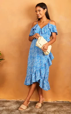 Hot Sale ✔️ Bella And Blue Cold Shoulder Midi Wrap ???? Dress In Blue Ditsy Print ❤️ -Zack Sales Store 2022 04 25 Jen Julia BellaAndBlue32112