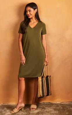 Discount ✔️ Pieces V Neck T ???? Shirt ???? Dress In Khaki ????