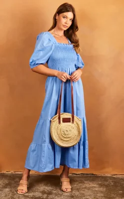 Top 10 ???? Øst London Bella Midi Shirred Smock ???? Dress With Balloon Sleeves Light Blue ????