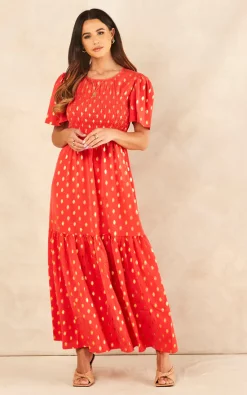 Best Sale ???? Blue Vanilla Lexi Angel Sleeve Tiered Midi ???? Dress In Red ????