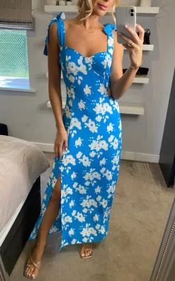 Best reviews of ???? Glamorous Blue White Floral Midi ???? Dress With Split ????