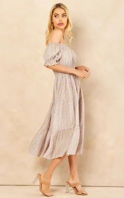 Flash Sale ???? Lucy Sparks Purple Bardot Floral Midi ???? Dress ???? -Zack Sales Store 2022 06 07 Jen Amy LucySparks42430