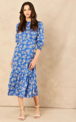 Wholesale ???? Bella And Blue Tiered Floral Midi ???? Dress In Blue ????