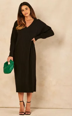 Hot Sale ⌛ ONLY Long Sleeve V Neck Knitted Midi ???? Dress In Black ???? -Zack Sales Store 2022 06 14 Jen Naomi Only45575