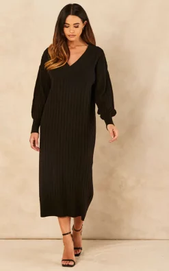 Hot Sale ⌛ ONLY Long Sleeve V Neck Knitted Midi ???? Dress In Black ???? -Zack Sales Store 2022 06 14 Jen Naomi Only45584